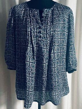 Banana Republic Navy, Brown & White Printed Peasant Blouse